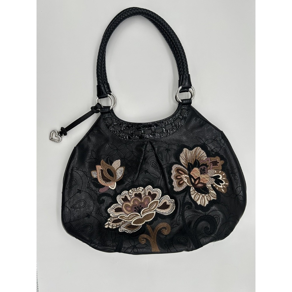 Brighton Valencia Black Leather Floral Embossed Hobo Bag Braided NWOT